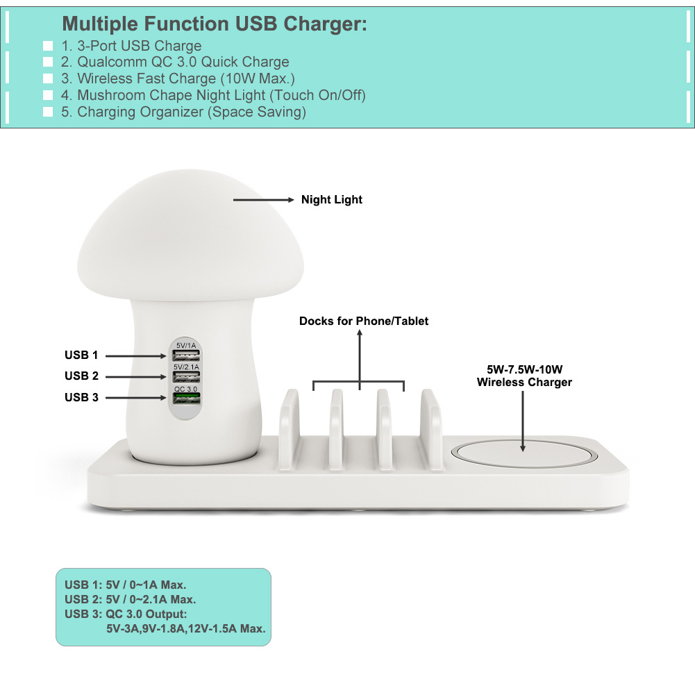Mushroom Lamp Multi-port USB Fast Mobile Phone Holder Wireless Charging