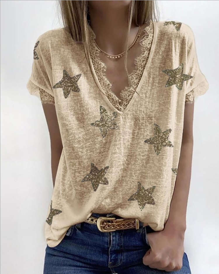 Title 3, V-neck Printed Lace T-shirt