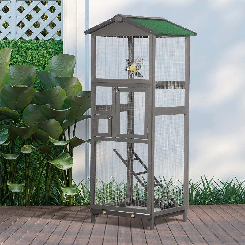 Wooden Bird Cage Outdoor Aviary House For Parrot, Parakeet, With Pull Out Tray And 2 Doors, Grey