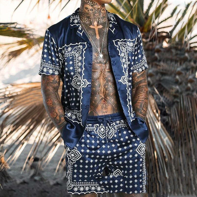 Men's Loose Striped Print Short Sleeve Suit
