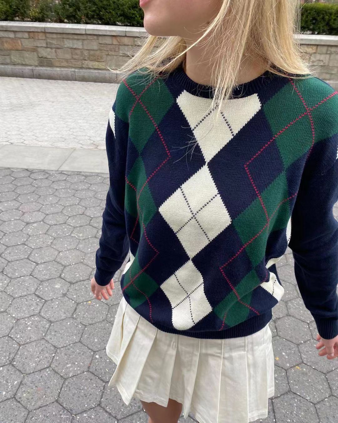 Round Neck Diamond Check Stretch Ladies Top