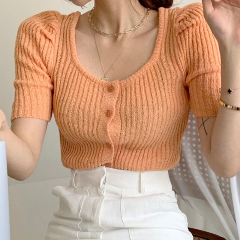 Title 8, Womens Candy Color Skin U-Neck Puff Sleeve Kni...