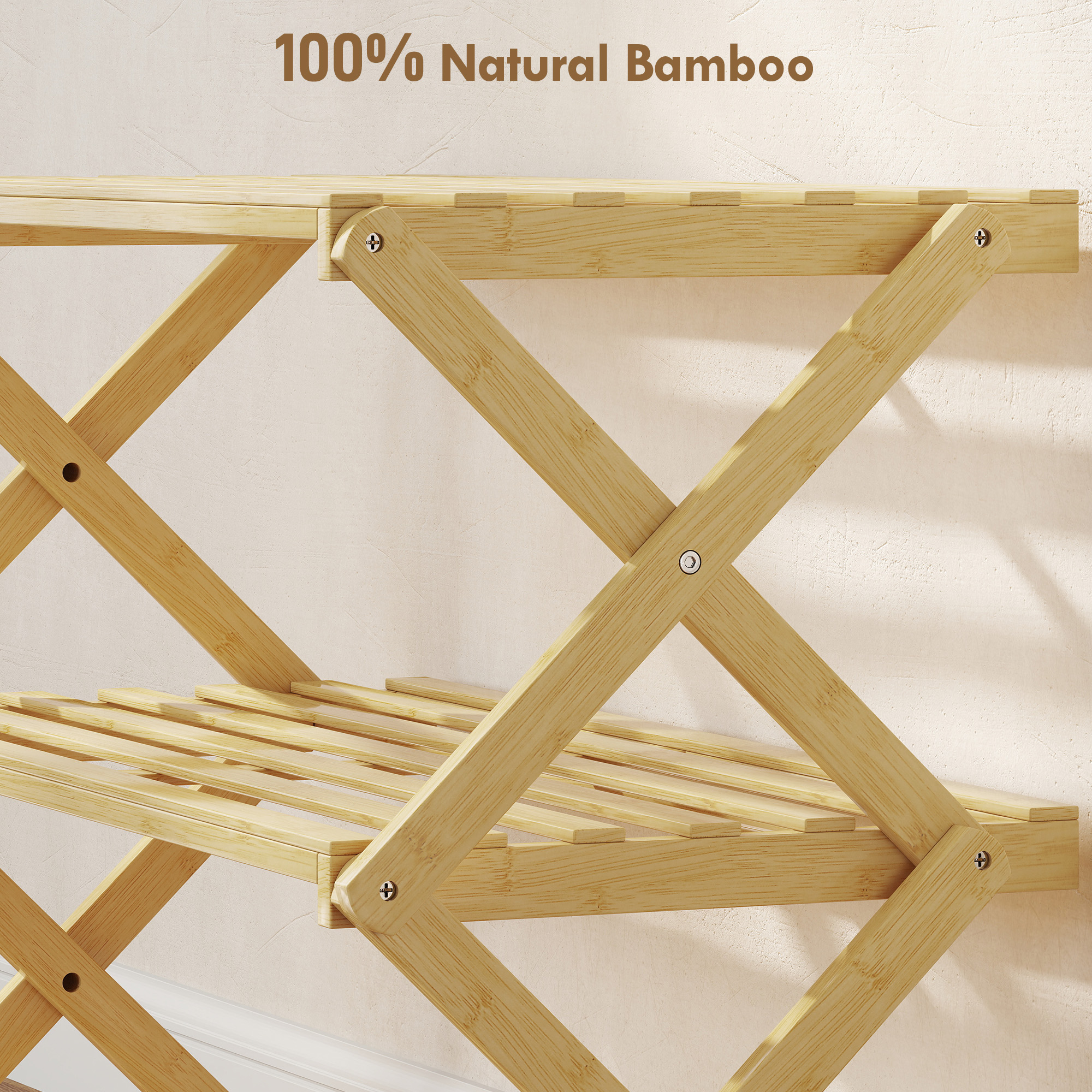 Three Layer Folding Bamboo Shoe Rack - Natural Color — image 9