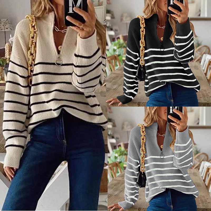 Round Neck Loose Zipper  Chest Pullover Knitted Sweater Women