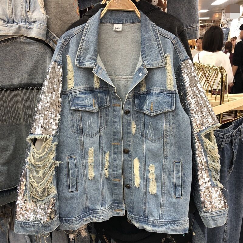 Heavy Industry Sequined Denim Jacket Women Loose Blue - Shop at LoveMi