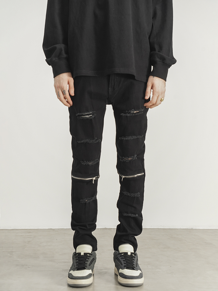 High Street Style Knife Cut Zipper Slim Jeans