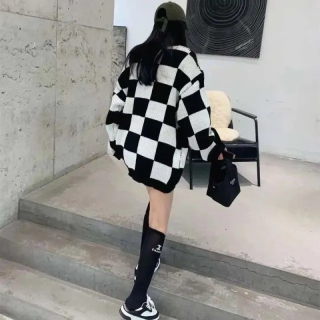 Women Plus Size Checkerboard Check Sweater Black - Shop at LoveMi