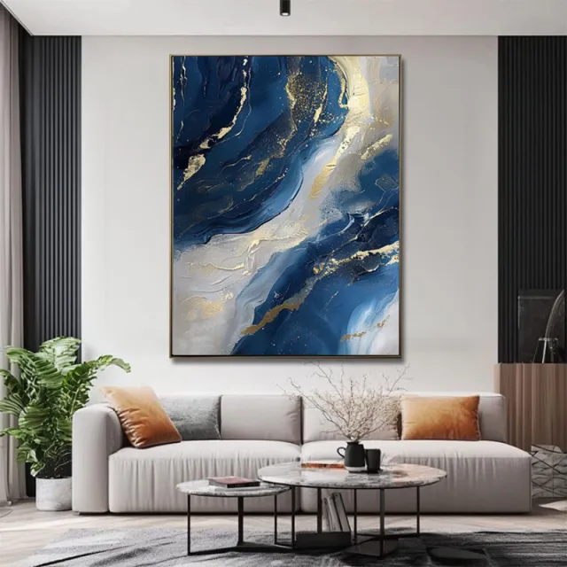 Luxury Handmade Abstract Oil Painting Wall Art Modern Golden Blue Minimalist Texture Canvas Mural For Living Room Decor Frameless Without Inner F... Without Inner Frame - Shop at LoveMi