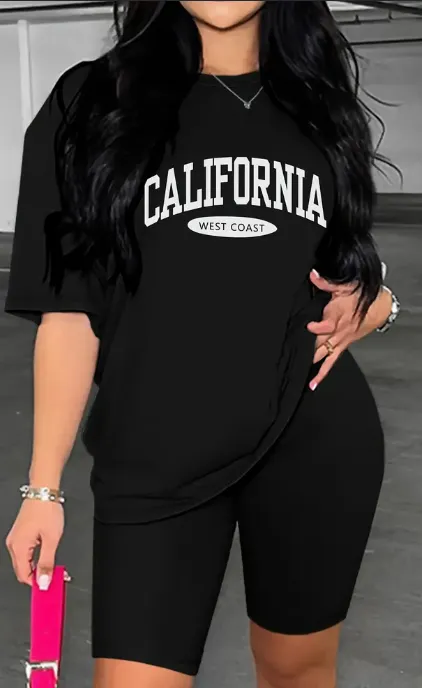 Women's Simple & Casual Black Short Sleeve Loose T-Shirt And Tight-Fitting Shorts Set With Printed - Black