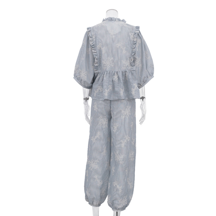 Embroidery Ruffle Tie Neck Puff Sleeve Crop Top & Wide Leg Pants 2-Piece Loungewear Set 4