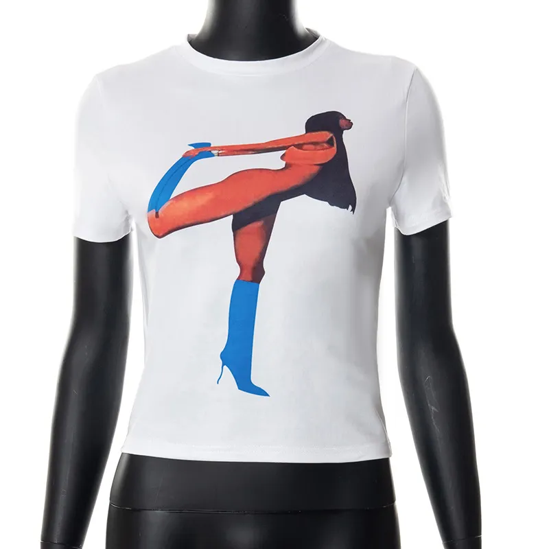 Women's Printed Round Neck Cropped Navel Casual Short Sleeves - White