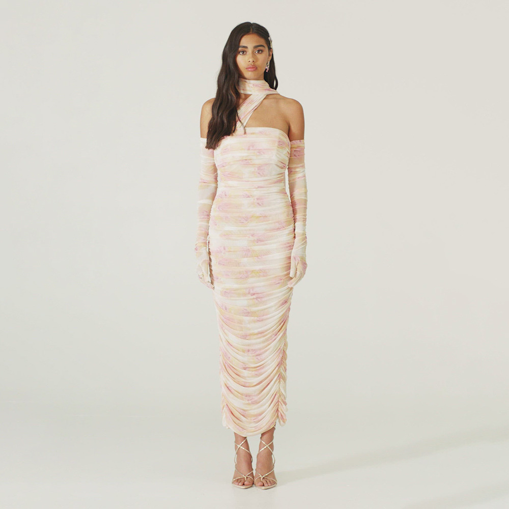 Stylish Gauze Streamer Print Dress