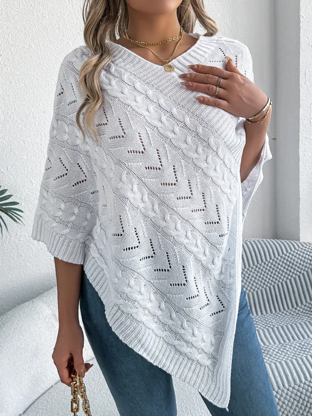 Casual Solid Color Cable Knit Loose Poncho Sweater Coat White - Shop at LoveMi