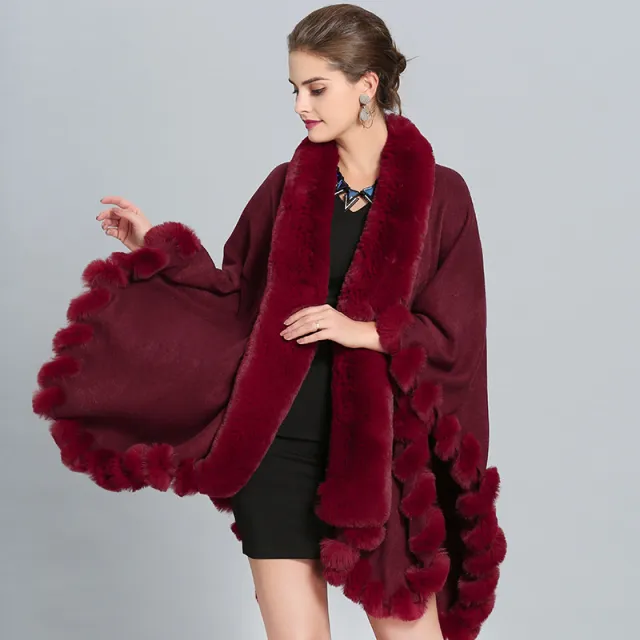 Winter Thick Shawl Imitation Fox Fur Long Collar Wine Red - Shop at LoveMi