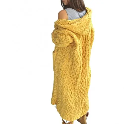 Coarse Women Loose Twist Braids Lazy Wind Hooded Long Cardigan Sweater Yellow - Shop at LoveMi