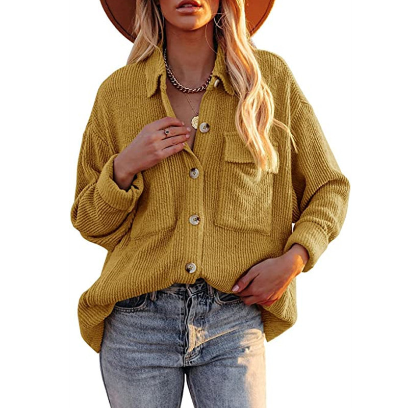 Title 2, Solid Color Loose Corduroy Pocket Long Sleeve C...