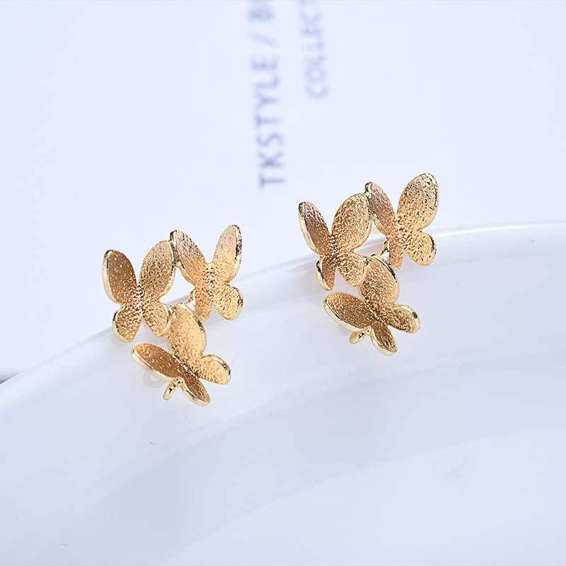 14x12MM 24K Gold Color Brass Three Butterflies Stud Ear