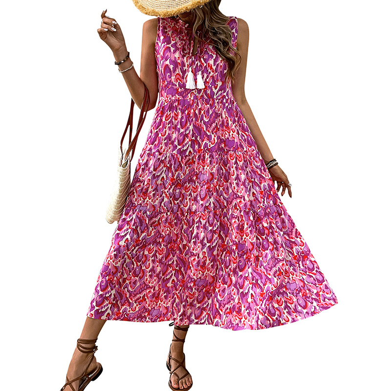 Women's Bohemian Sleeveless Tassel Tie Dye Maxi Dress Spring Summer Casual Sundress Rose Red - Shop at LoveMi