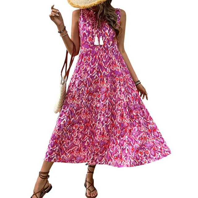 Women's Bohemian Sleeveless Tassel Tie Dye Maxi Dress Spring Summer Casual Sundress Rose Red - Shop at LoveMi