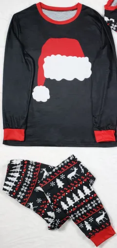 New Autumn And Winter Pajamas Set Home Wear Christmas Hat Printed Parent-child Suit - Black - View 1