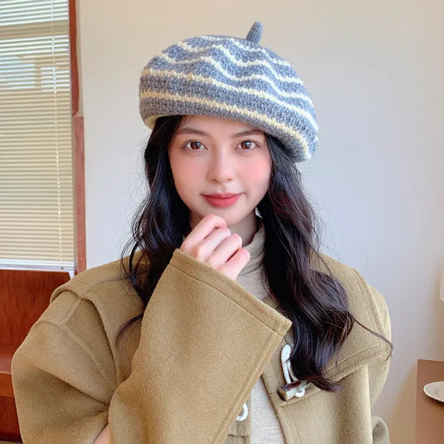 New Women's All match Knitted Wool Striped Beret To Keep Warm Grey - Shop at LoveMi