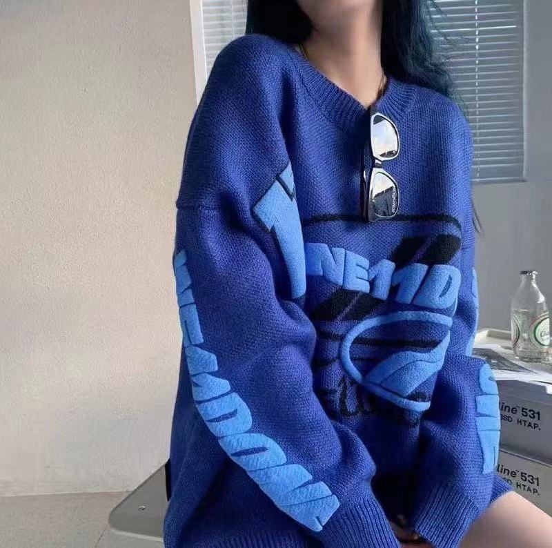 Loose Letter Jacquard Foam Simple Knitted Sweater Women