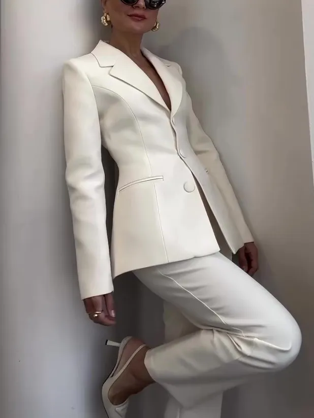 Classic Waist cinched Blazer & High waisted Pants White Suit White - Shop at LoveMi
