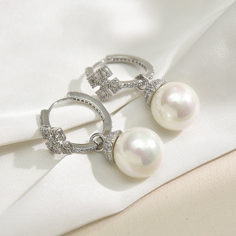 Micro-set Zircon Cross Pearl Silver Needle Earrings