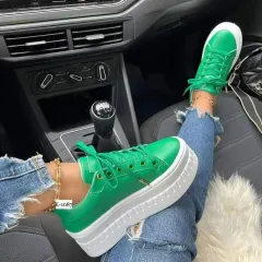 Chunky Heel Shoes Ankle Boots Lace-up Sneakers For Women - Green - View 1