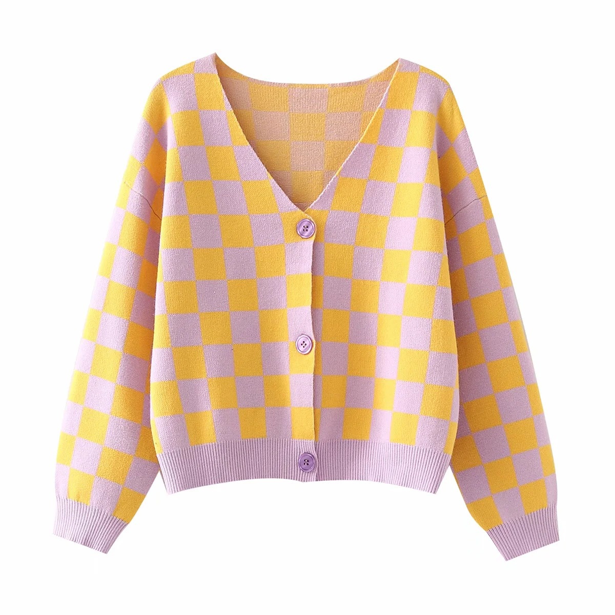 Title 5, Yellow Checkerboard Pattern V-neck Loose Sweater