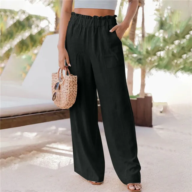Casual Fashion Ruffled Patch Pocket Wide Leg Pants Black - Shop at LoveMi