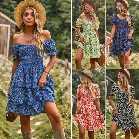 Floral Ruffle Summer Dress Short Sleeve Off Shoulder Mini