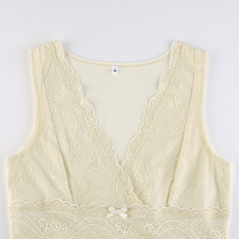 Slim Fit Solid Wide Lace Trim Bow Top