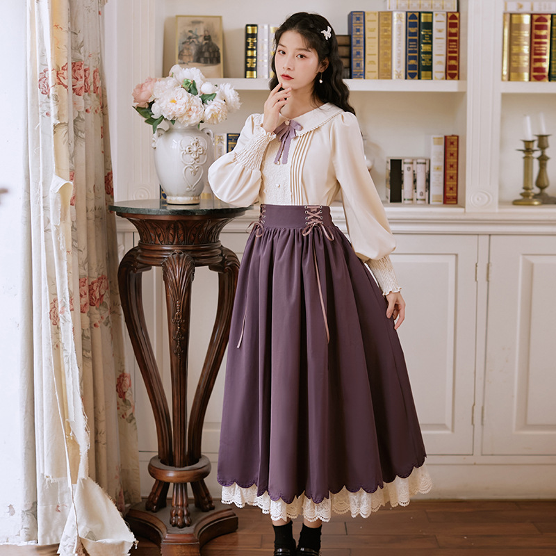 Long Sleeve Embroidered Floral Lace Double Layer Dress Set Mist Purple Suit - Shop at LoveMi