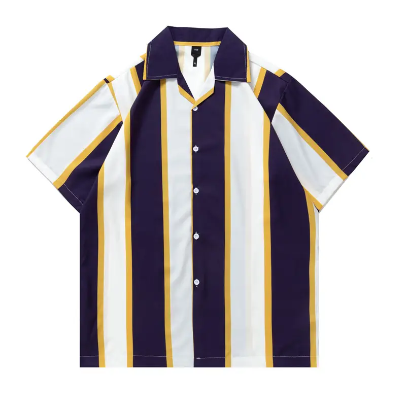 Men's Geometric Stitching Contrast Color Striped Short-sleeved Shirt