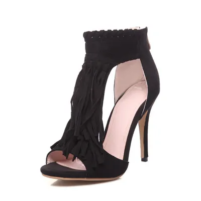 High heeled Fish Mouth Fringed Stiletto Sandals Black - Shop at LoveMi