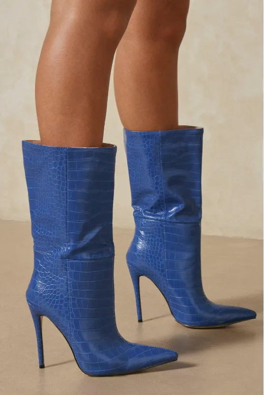 European And American Fashion Women's Pointed Toe High Heel Ankle Boots - Blue