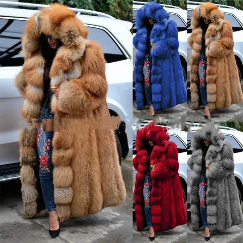 Faux Fur Coat Women Long Hooded Fur
