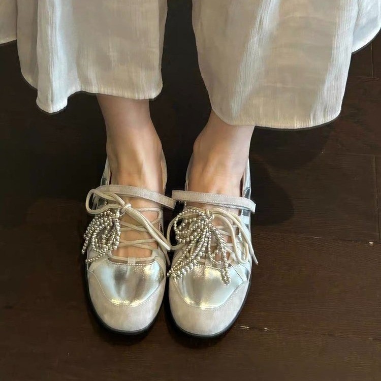 Women Fairy Sparkly Two-Tone Silver Metallic Suede Cross Lace Flats, Round Toe Crystal Bead Tassel Ribbon Tie Patchwork Shiny Leather Slip On Minimalist Date Party Casual Daily Doll