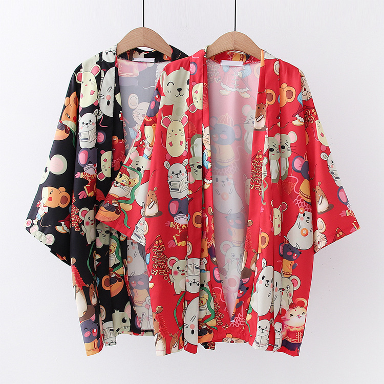 Chinese Style Cute Cartoon Mouse Print Loose Kimono Cardigan