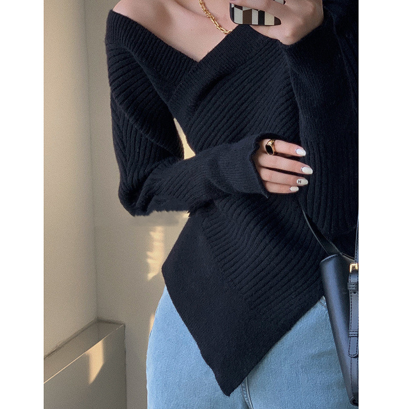 Women's Cross V-neck Pullover Irregular Hem Sweater