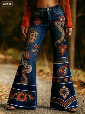 Fashion Retro Printed Flared Pants, Women's Jeans