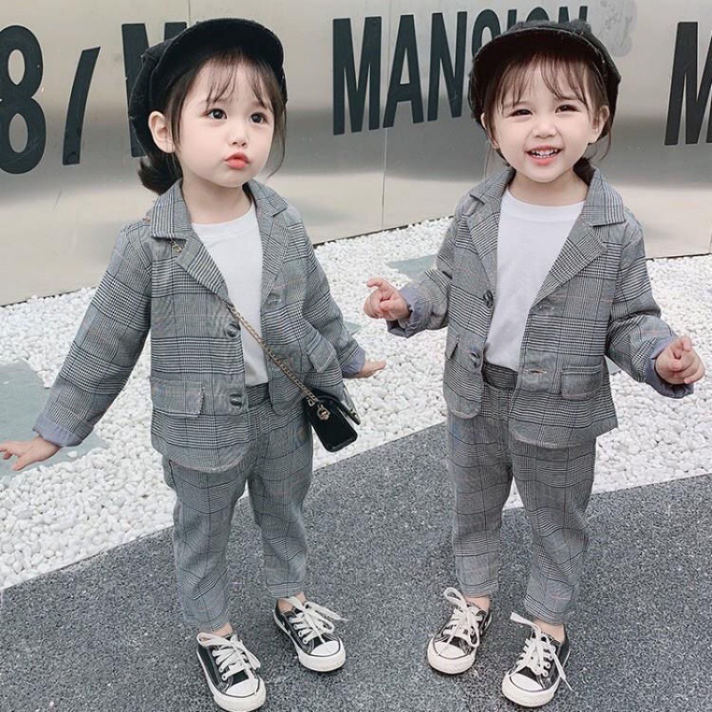 Middle And Large Children's Plaid Spring And Autumn Girls Two-piece Suit