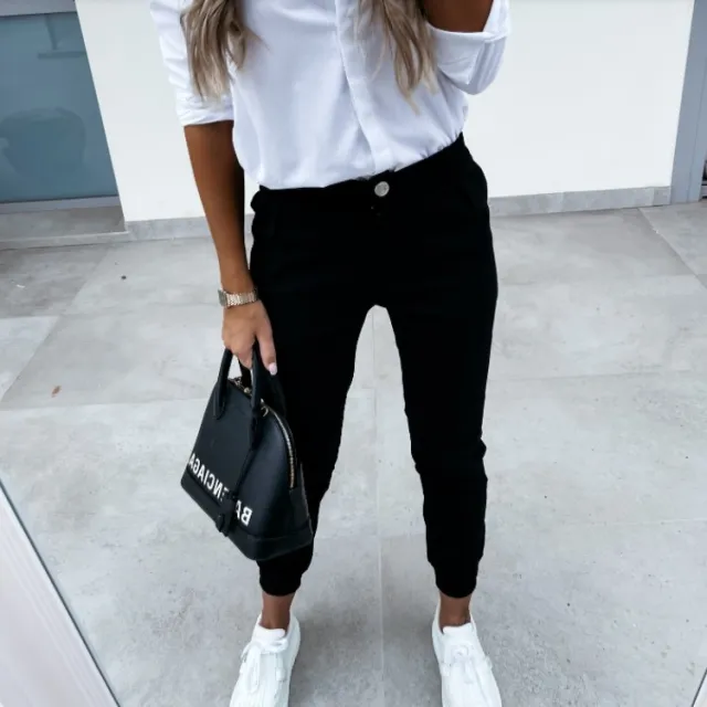 Women's Autumn Pocket Slim Fashion Casual Cropped Trousers Black - Shop at LoveMi