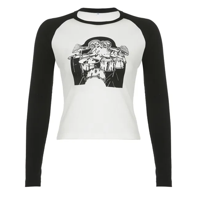 Printed Rib Raglan Contrast T Shirt Women Black - Shop at LoveMi