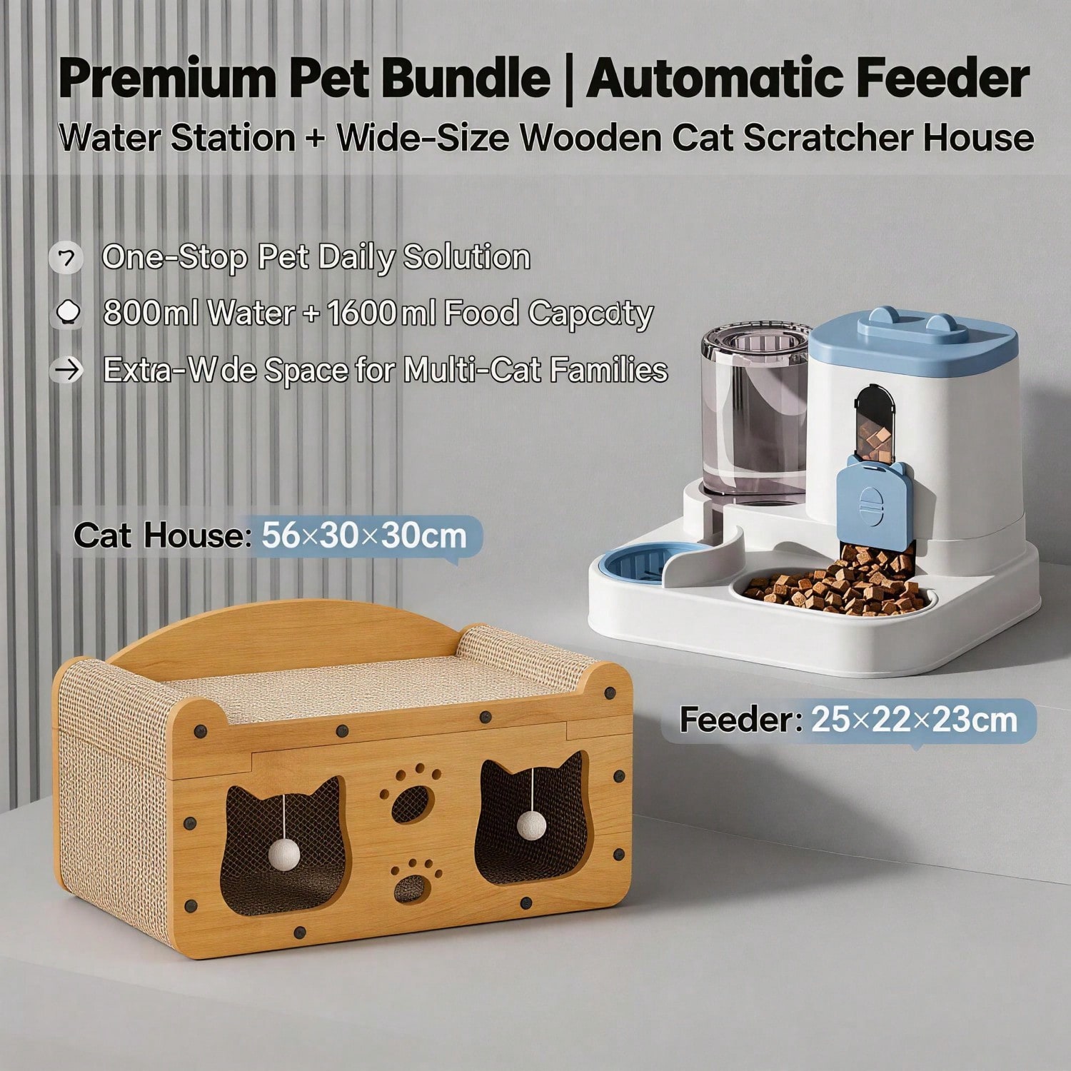 Cat Furniture Combo Set, 3 Style Multi Size Wooden Cat Scratcher House And 2 In One Blue White Automatic Feeder Water Dispenser 1600ml Food 800ml Water, All In One Feed Drink Rest Play Kit view 6
