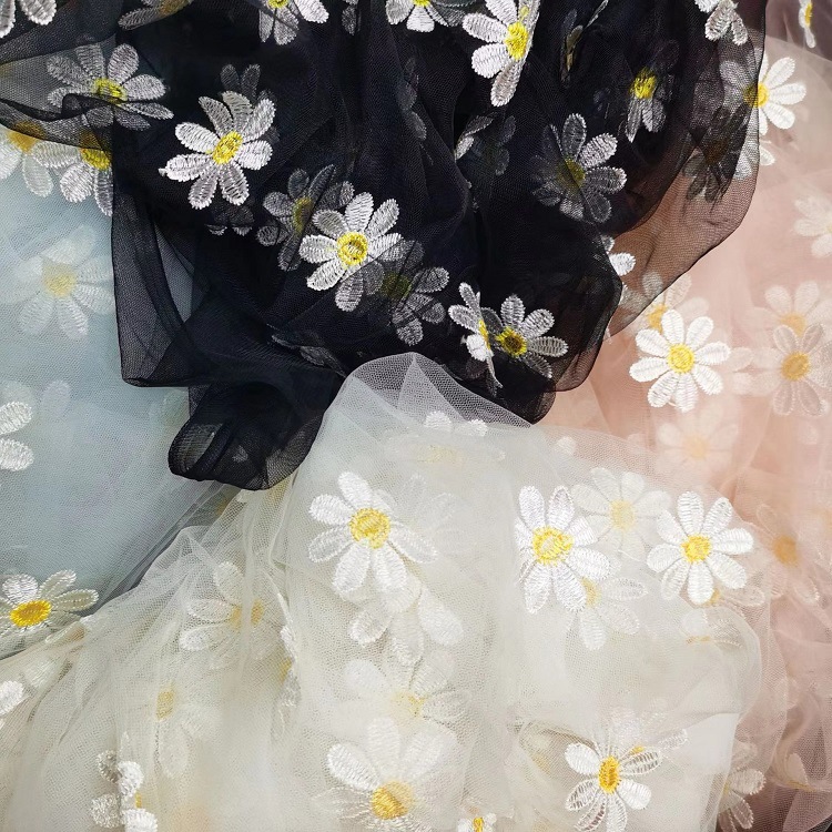 Yellow Chrysanthemum Mesh Embroidery Lace Fabric — image 1