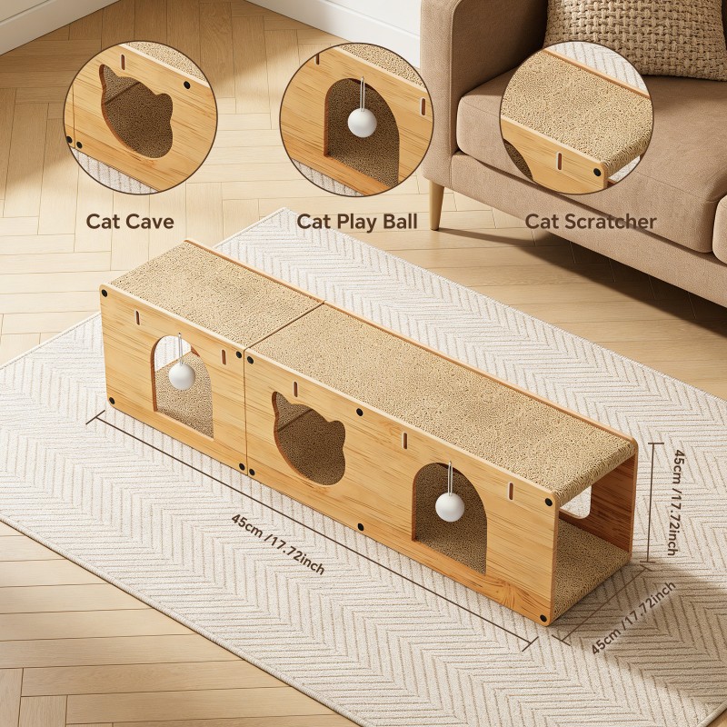 Multi-Functional Cat Tunnel Scratcher, Wood - Corrugated Scratcher, With 2 Teaser Balls, For Cats