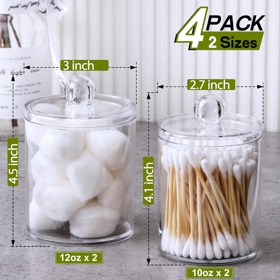 4 Pack Acrylic Qtip Holder Dispenser For Cotton Swabs, Balls, Pads, Floss Picks- Small Clear Acrylic Canister Apothecary Jar Set, Bathroom 3