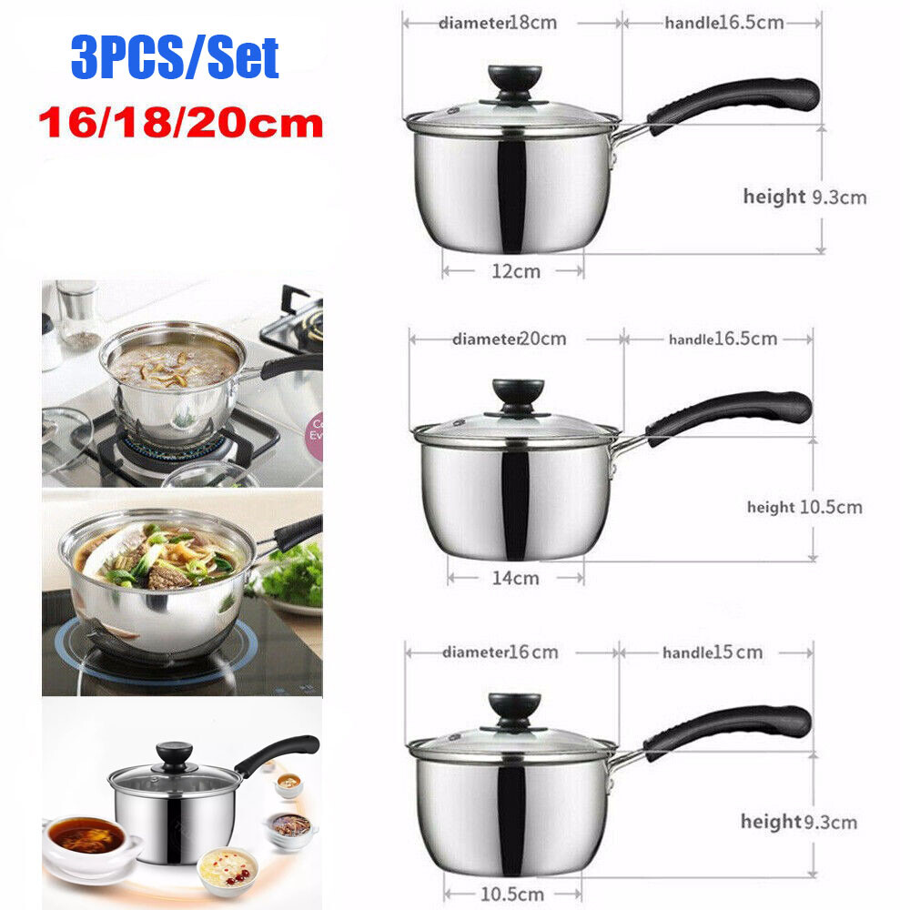 Set Of 3 Induction Non Stick Stainless Steel Cookware Kitchen Glass Lids Pot Pan 16